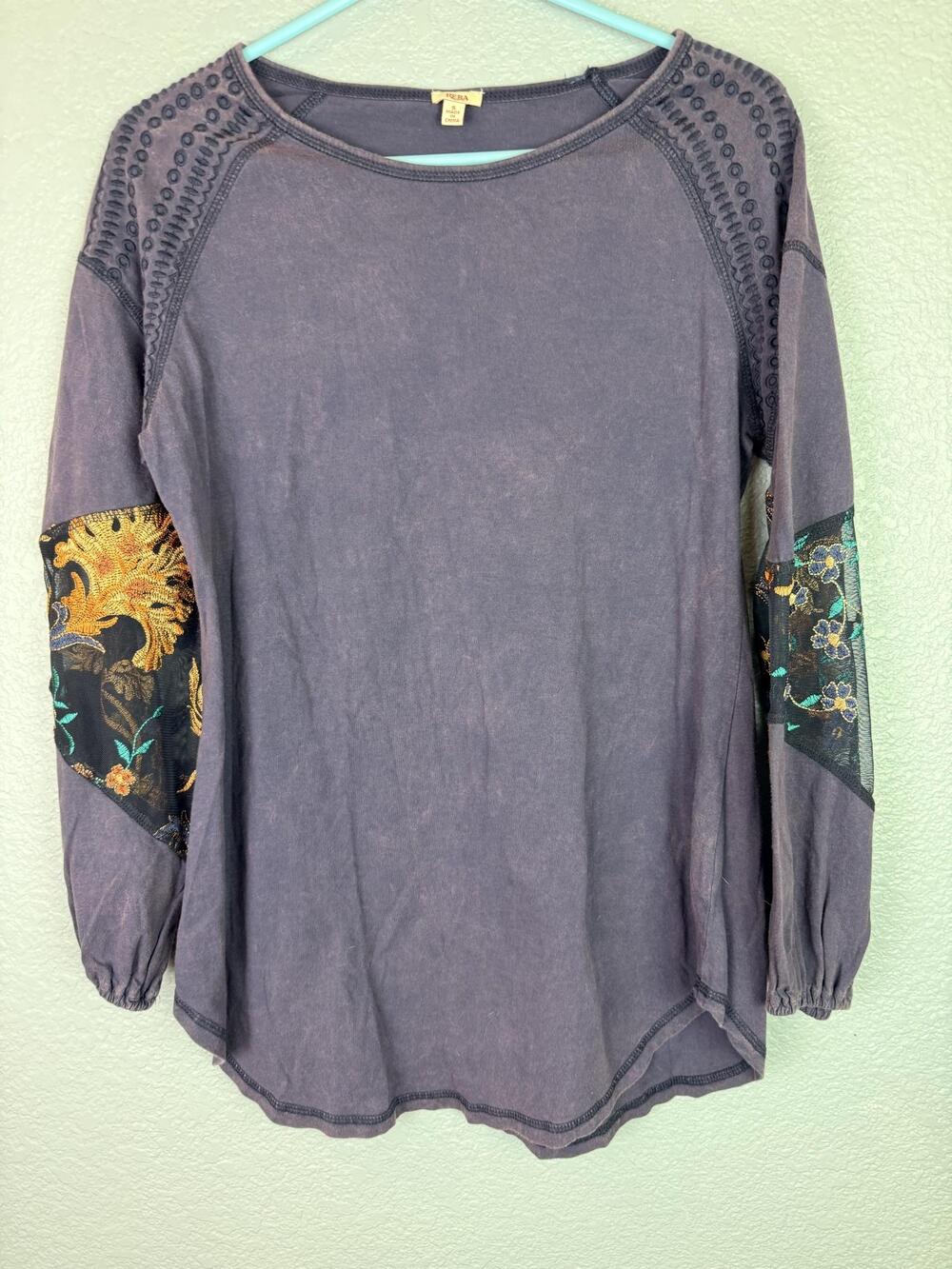 REBA Shirt Womens Small Purple Embroidered Floral Mesh Sleeve Tunic Top Boho